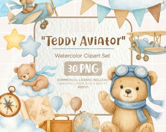 Teddy Aviator Aquarell Clipart | Süßer Bär Pilot, Flugzeug, Wolken & Ballons | Babyparty, Geburtstag PNG Bundle