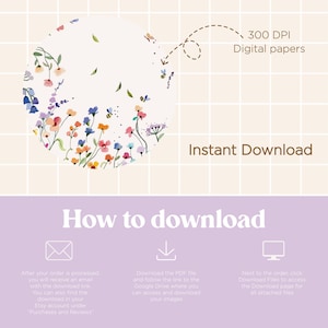 K&ouml;nnte beinhalten: Grafik f&uuml;r digitale Papiere mit einem Aquarell-Blumenmuster in Kreisform. Der Text enth&auml;lt "300 DPI Digital papers" und "Instant Download". Der untere Teil des Bildes zeigt "How to download".