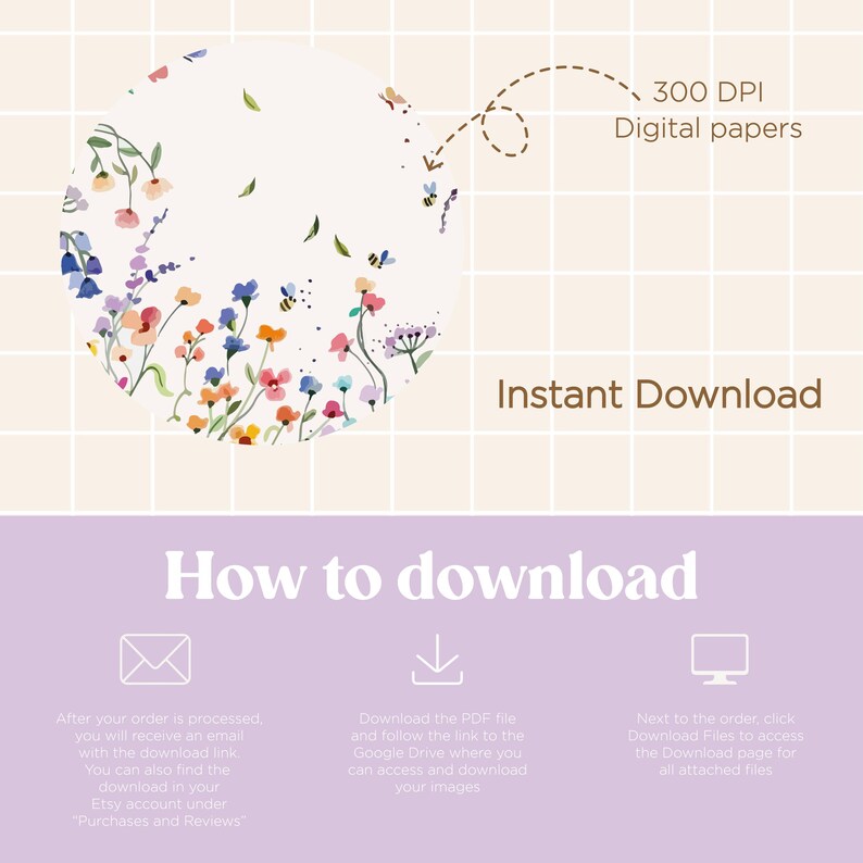 K&ouml;nnte beinhalten: Grafik f&uuml;r digitale Papiere mit einem Aquarell-Blumenmuster in Kreisform. Der Text enth&auml;lt "300 DPI Digital papers" und "Instant Download". Der untere Teil des Bildes zeigt "How to download".