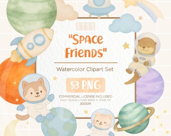 Conjunto de clipart em aquarela de amigos espaciais | Animais fofos de astronautas, planetas e foguetes | Pacote com 53 PNG + Uso Comercial