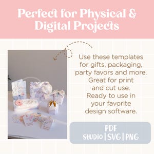 K&ouml;nnte beinhalten: Geschenkverpackungsvorlagen mit floralen Designs, darunter Geschenkbeutel, Schachteln und Etiketten. Der Text lautet "Perfect for Physical & Digital Projects" und "Use these templates for gifts, packaging, party favors and more."