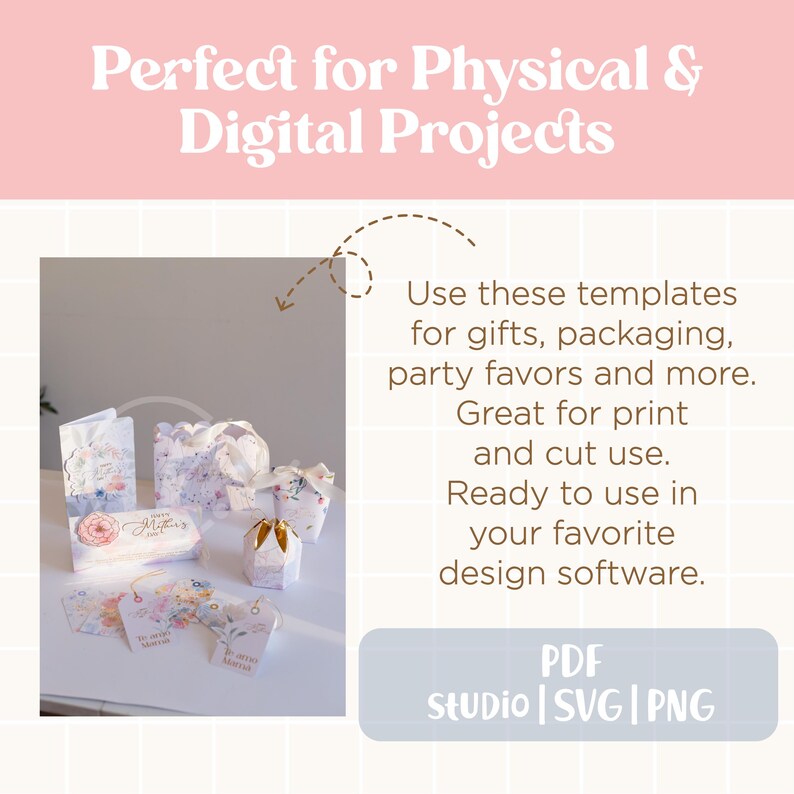 K&ouml;nnte beinhalten: Geschenkverpackungsvorlagen mit floralen Designs, darunter Geschenkbeutel, Schachteln und Etiketten. Der Text lautet "Perfect for Physical & Digital Projects" und "Use these templates for gifts, packaging, party favors and more."