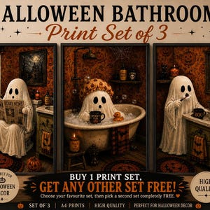 May include: A set of three framed wall art prints titled HALLOWEEN BATHROOM Print Set of 3. The prints feature a white ghost character in a bathroom setting, reading a newspaper, soaking in a bathtub, and brushing teeth at a vanity sink.