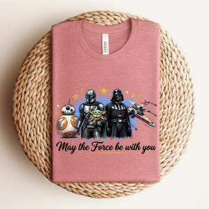 Pode incluir: Uma t-shirt de gola redonda em rosa seco com um gr&aacute;fico de BB-8, o Mandaloriano, Grogu e Darth Vader com um ca&ccedil;a X-wing. O texto "May the Force be with you" est&aacute; impresso em letra cursiva preta abaixo das personagens na frente.