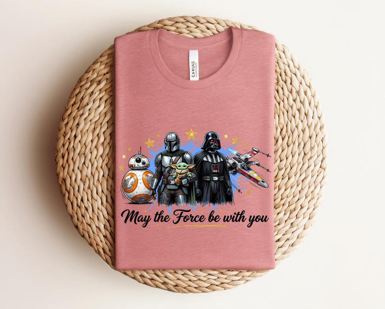 Pode incluir: Uma t-shirt de gola redonda em rosa seco com um gr&aacute;fico de BB-8, o Mandaloriano, Grogu e Darth Vader com um ca&ccedil;a X-wing. O texto "May the Force be with you" est&aacute; impresso em letra cursiva preta abaixo das personagens na frente.