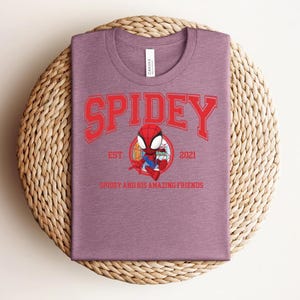 May include: A mauve t-shirt featuring a red graphic of Spider-Man with the text "SPIDEY" above and "EST 2021" and "SPIDEY AND HIS AMAZING FRIENDS" below. The shirt is displayed on a woven, circular mat.