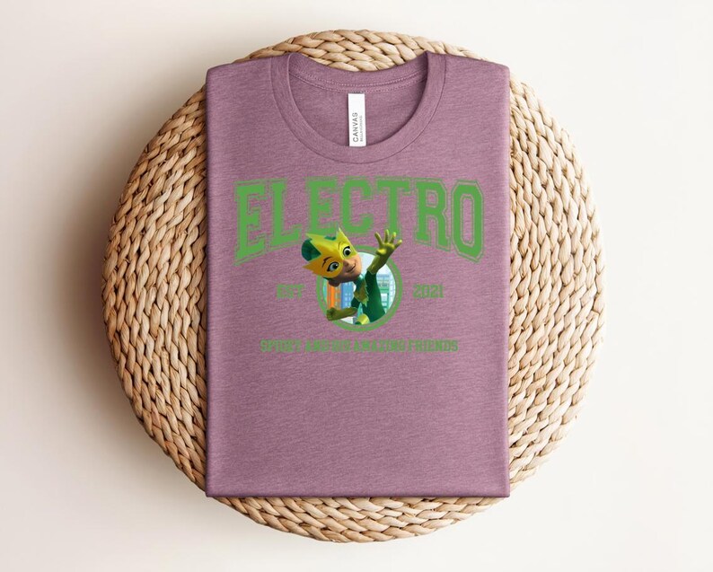 May include: A mauve t-shirt with the word "ELECTRO" in green block letters and a cartoon character graphic. The graphic includes the text "EST. 2021" and "SUPER ELECTRO FRIENDS". The t-shirt is folded on a woven, circular mat.