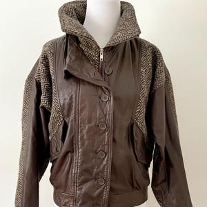 80s Brown Leather / Tweed Bomber Jacket - Split End Ltd - S/M