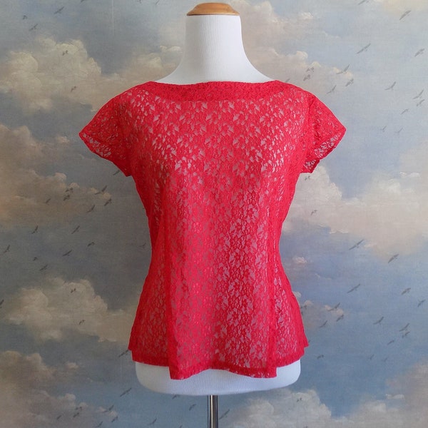 50s Bright Red Lace Blouse - Bombshell / Pin Up Back Button Top - Small