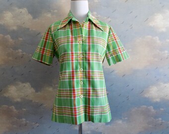 70s Lime Plaid Shirt - Small