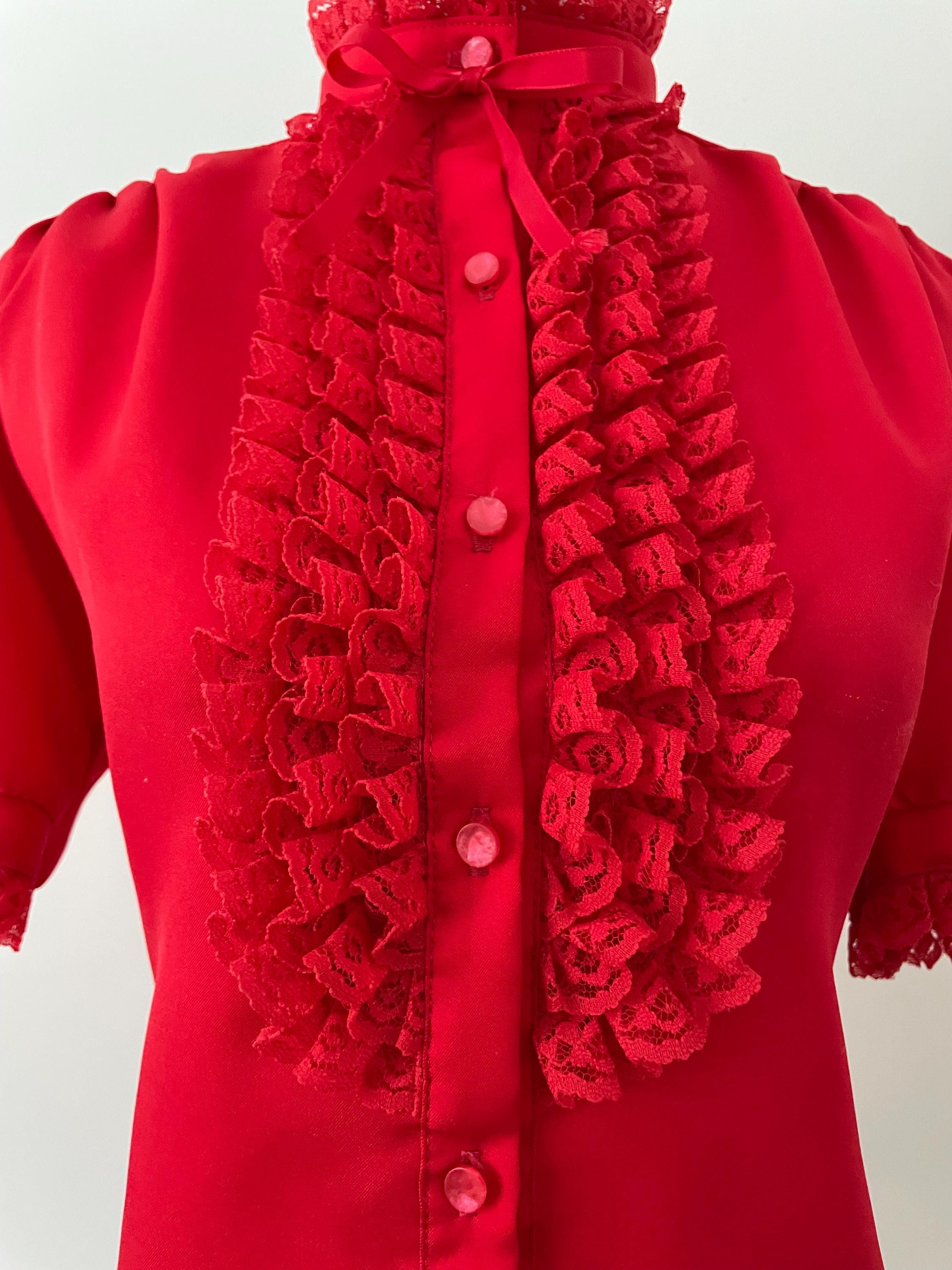 red ruffle front blouse