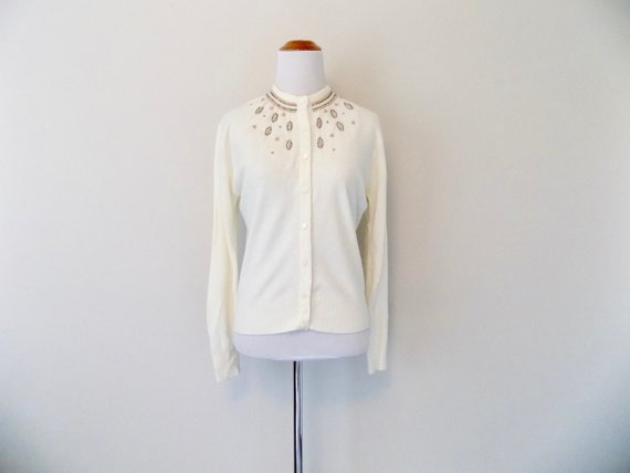 Ivory Beaded Cardigan - Vintage 60s Stylebest Knit