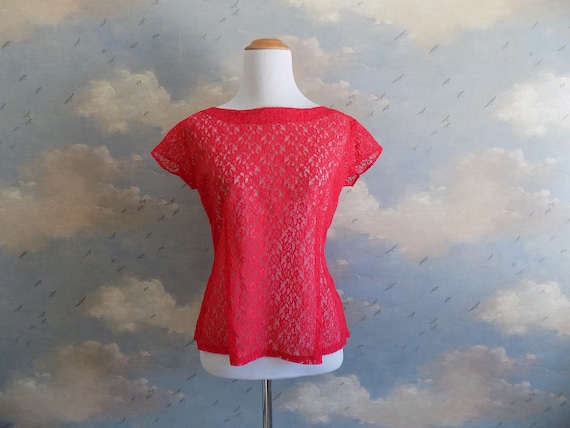 50s Bright Red Lace Blouse - Bombshell / Pin Up B… - image 1