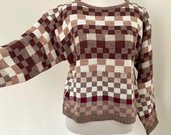 70s Magenta and Tan Geometric Sweater - Medium