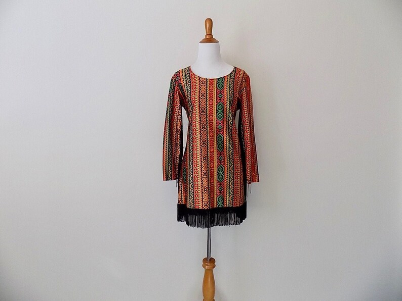 Vintage 70s Staccato Dress Bold Printed Fringe Mini Dress Size Small to Medium