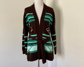 70s Brown and Turquoise Cardigan - Medium