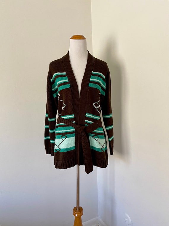 70s Brown and Turquoise Cardigan - Medium