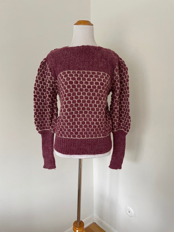 70s Maroon Fuzzy Honeycomb Knit Sweater - Medium