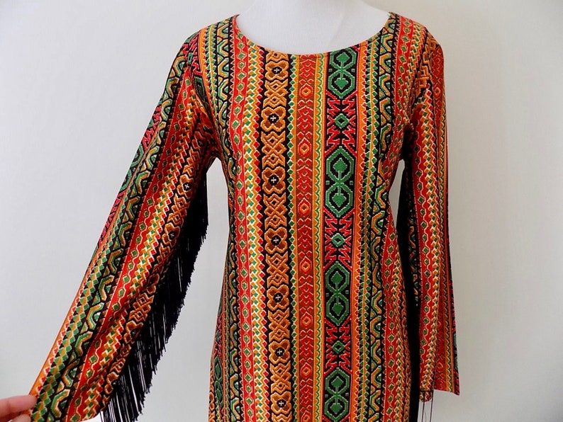 Vintage 70s Staccato Dress Bold Printed Fringe Mini Dress Size Small to Medium