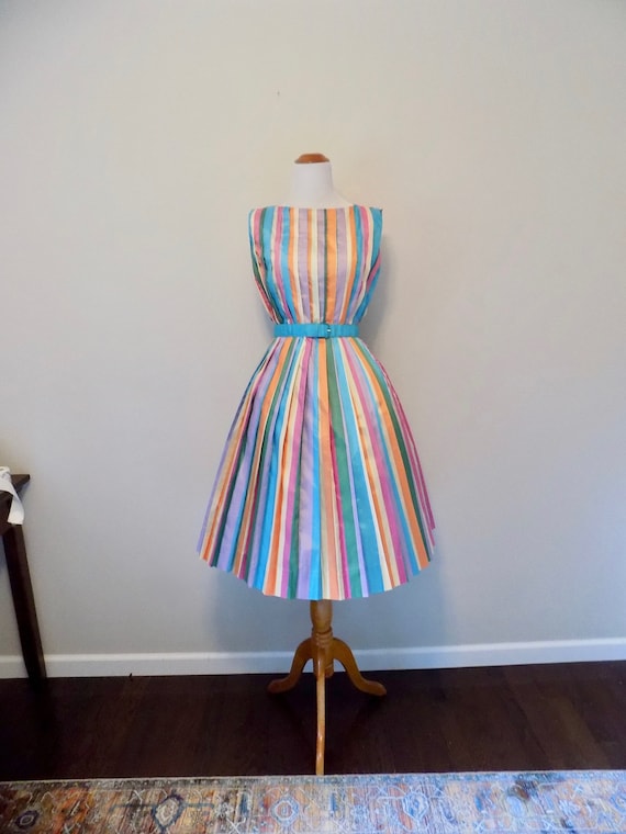 Vintage 50s Jerry Gilden Rainbow Striped Dress - S