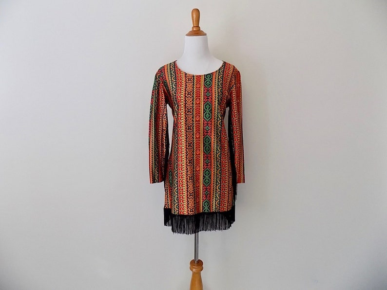 Vintage 70s Staccato Dress Bold Printed Fringe Mini Dress Size Small to Medium