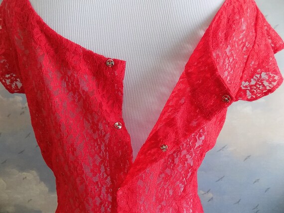 50s Bright Red Lace Blouse - Bombshell / Pin Up B… - image 5