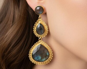 Pendientes colgantes de labradorita mística / Pendientes de piedra preciosa natural / Elegante joyería nupcial chapada / Pendientes hechos a mano / Pendientes de labradorita