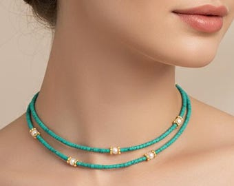 Vibrant Hubei Heishi Turquoise Necklace | Women Beaded Choker | Dainty Layering Jewelry | Handmade Gemstone Necklace | Boho Chic Gift