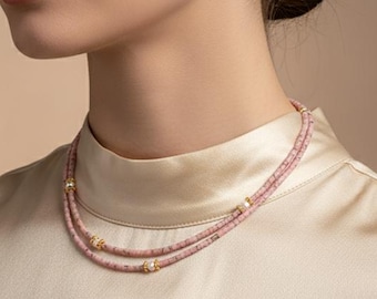 Charming Pink Opal Necklace | Gold Plated Beaded Choker | Dainty Layering Jewelry | Handmade Gemstone Necklace | Elegant Gift for Her