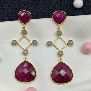 Natural Ruby Dangle Earrings | Ruby Gemstone Earring | Ruby Dangle Earing | Bridal Jewelry Earring | Women Earring | Gift For Her image 1