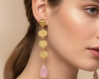 Rose Quartz Dangle Earrings | Wedding Jewelry | Handmade Gemstone Earrings |Textured Gold Earrings | Wedding Earrings | Statement Earrings