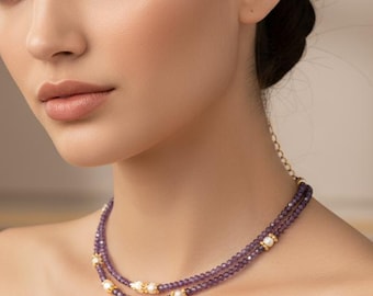 Elegant Amethyst Bead Necklace | Minimalist Gemstone Choker | Dainty Handmade Short Necklace | Layering Jewelry | Perfect Gift for Her