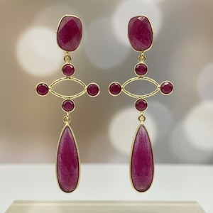 Natural Ruby Dangle Earrings | Gold Plated Handmade Earring | Women Earring | Bridal Jewelry | Bold Bridal Statement Jewelry | Gift For Her