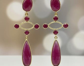 Natural Ruby Dangle Earrings | Gold Plated Handmade Earring | Women Earring | Bridal Jewelry | Bold Bridal Statement Jewelry | Gift For Her