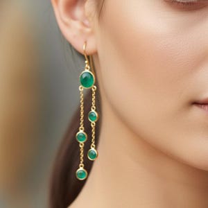 Natural Emerald Dangle Earrings | Gold Long Drop Earrings | Boho Gemstone Earring | Layered Chain Earrings | Handmade Emerald Jewelry | Gift