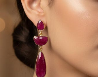 Natural Ruby Dangle Earring | Genuine Ruby Gemstone Jewelry | July Birthstone | Handmade Drop Earrings | Women Earring | Gift for Her