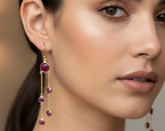 Natural Ruby Dangle Earrings | Gold Long Drop Earrings | Boho Gemstone Earrings | Layered Chain Earrings | Handmade Ruby Jewelry | Gift