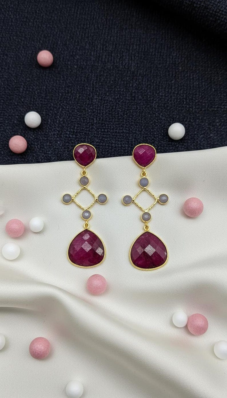 Natural Ruby Dangle Earrings | Ruby Gemstone Earring | Ruby Dangle Earing | Bridal Jewelry Earring | Women Earring | Gift For Her image 1