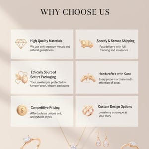 May include: Image shows text "WHY CHOOSE US" with six boxes outlining product benefits. These include high-quality materials, fast shipping, ethical sourcing, handcrafted care, competitive pricing, and custom design options.