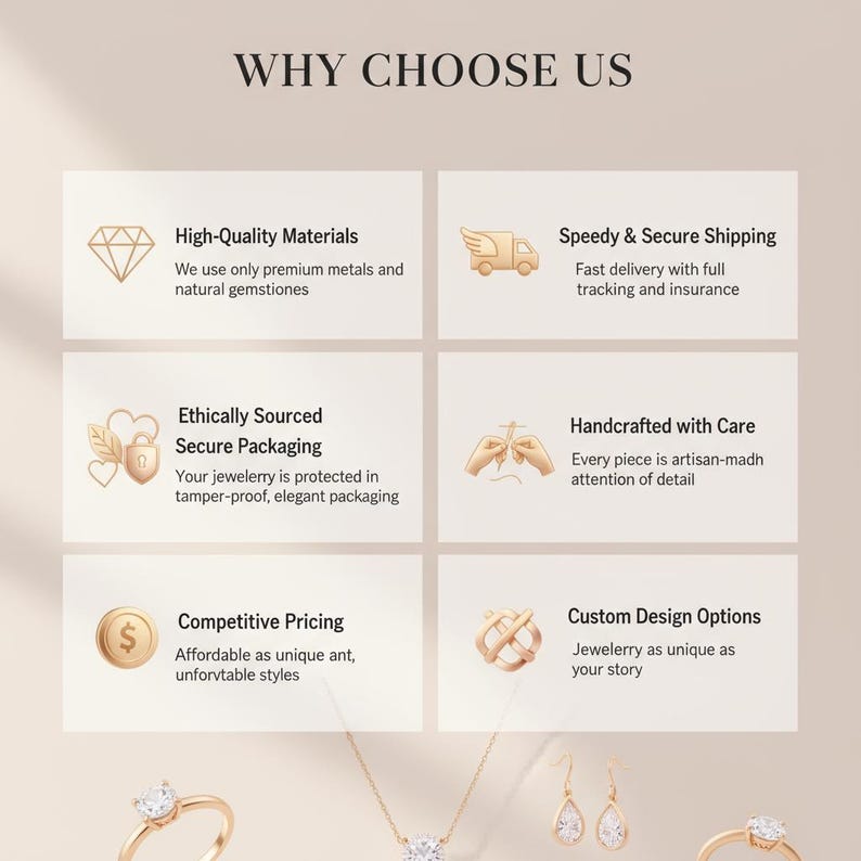 May include: Image shows text "WHY CHOOSE US" with six boxes outlining product benefits. These include high-quality materials, fast shipping, ethical sourcing, handcrafted care, competitive pricing, and custom design options.