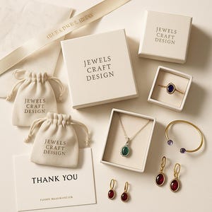 May include: A collection of jewellery and packaging. The image shows a gold ring with a blue stone, a necklace with a green stone, earrings with red stones, and a gold bracelet with purple stones. The packaging includes white boxes and drawstring bags, branded with "JEWELS CRAFT DESIGN."