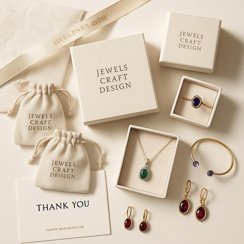 May include: A collection of jewellery and packaging. The image shows a gold ring with a blue stone, a necklace with a green stone, earrings with red stones, and a gold bracelet with purple stones. The packaging includes white boxes and drawstring bags, branded with "JEWELS CRAFT DESIGN."