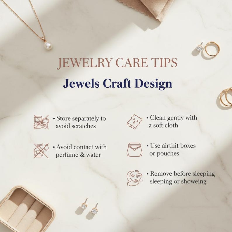 May include: An image with jewellery care tips. The text reads "JEWELRY CARE TIPS" and "Jewels Craft Design". The image shows a gold necklace with a pearl, gold rings, earrings, and a jewellery box. The tips include storing separately, avoiding perfume and water, cleaning with a soft cloth, using airtight boxes, and removing before sleeping.