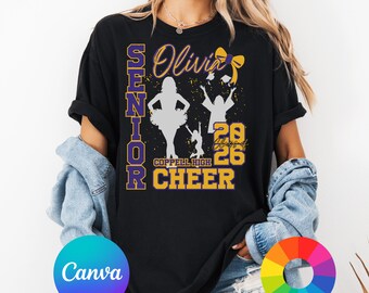 May include: Black t-shirt with a purple and gold design. The design includes the word "SENIOR" vertically, the name "Olivia", and the words "Coppell High CHEER" with the year "26". Silhouettes of cheerleaders and graduation caps are also featured.