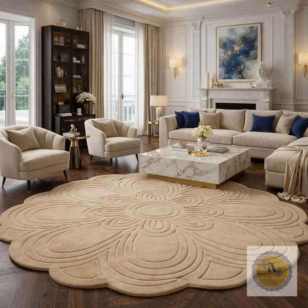 Luxury Beige Floral Shaped Hand-tufted Area Rug | Modern 3D Carved ...