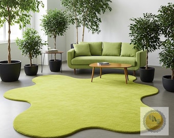 Luxury Amoeba Shape Lemon Green Carpet | Modern Handmade Tufted Rug for Living Room | Unique Irregular Designer Floor Carpet 8x10 12X15