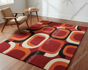 Mid Century Modern Retro Rug 5X7 5X8 7X10 8X10 Geometric Orange & Red Area Carpet | Vintage Style Living Room Bedroom Decor Rug