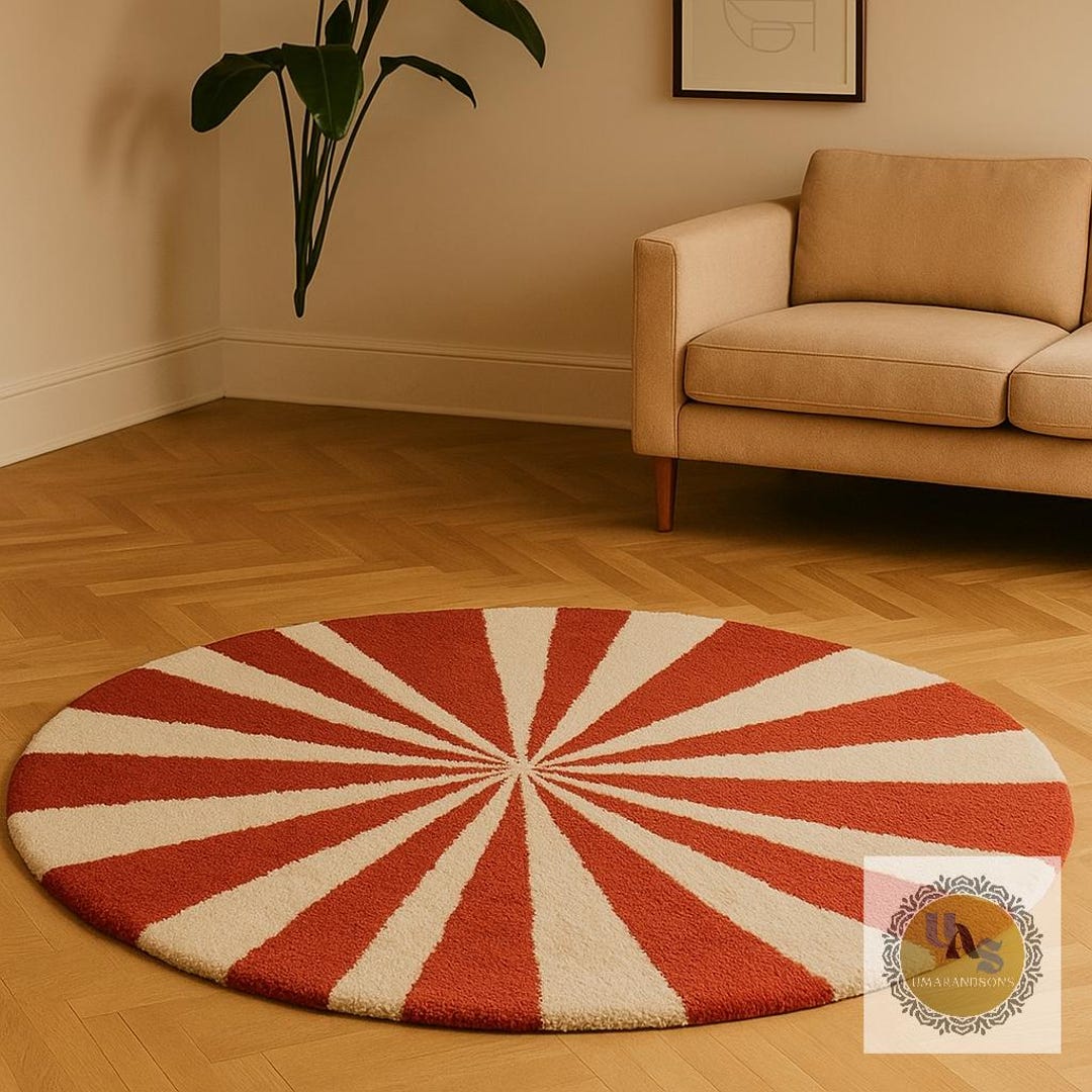 Modern Round Red & Cream Geometric Carpet – Contemporary Starburst ...