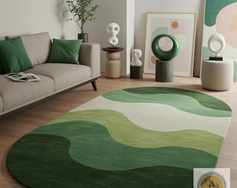 Modern Green Abstract Oval Rug – Hand-Tufted Wool Carpet for Living Room | Luxury Designer Area Rug for Home Décor, Soft & Durable Floor rug