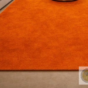May include: A vibrant orange area rug with a plush, textured surface. The rug fills the frame, showcasing its solid color and soft appearance. The rug is a warm, inviting accent for any living space.
